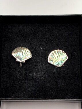 Vintage Ataahua Sterling Silver New Zealand Paua Shell Clip On Earrings 3/4" VGC
